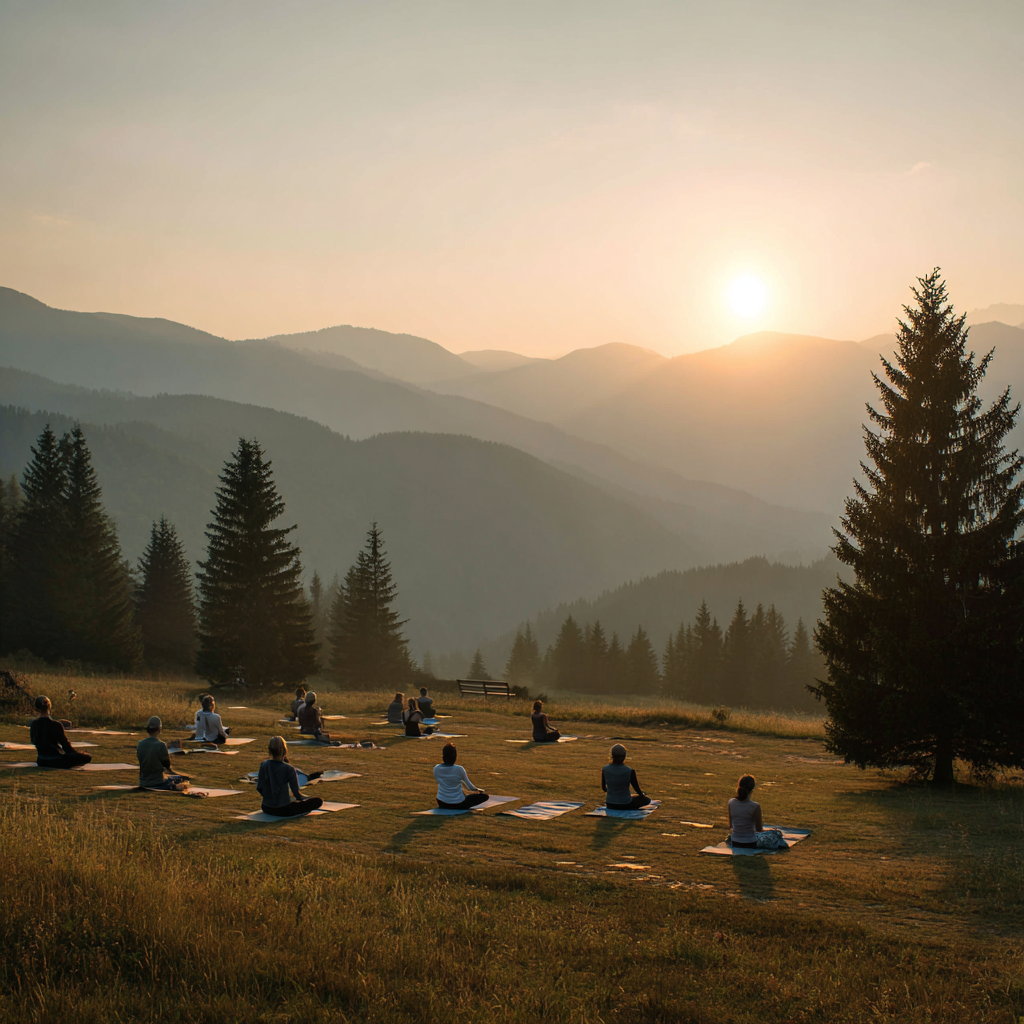 Daily yoga practice session with Ukrainian adults performing gentle stretches